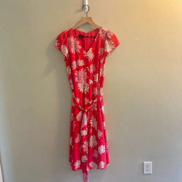 Talbots Belted Midi Shirtdress Chrysanthemum Womens Size 6 Pink Floral Flowy - Picture 3 of 9